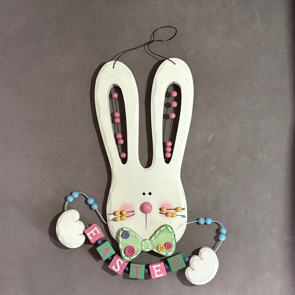 Cute Wooden Easter Bunny Wall Hanging - Cream & Pastel